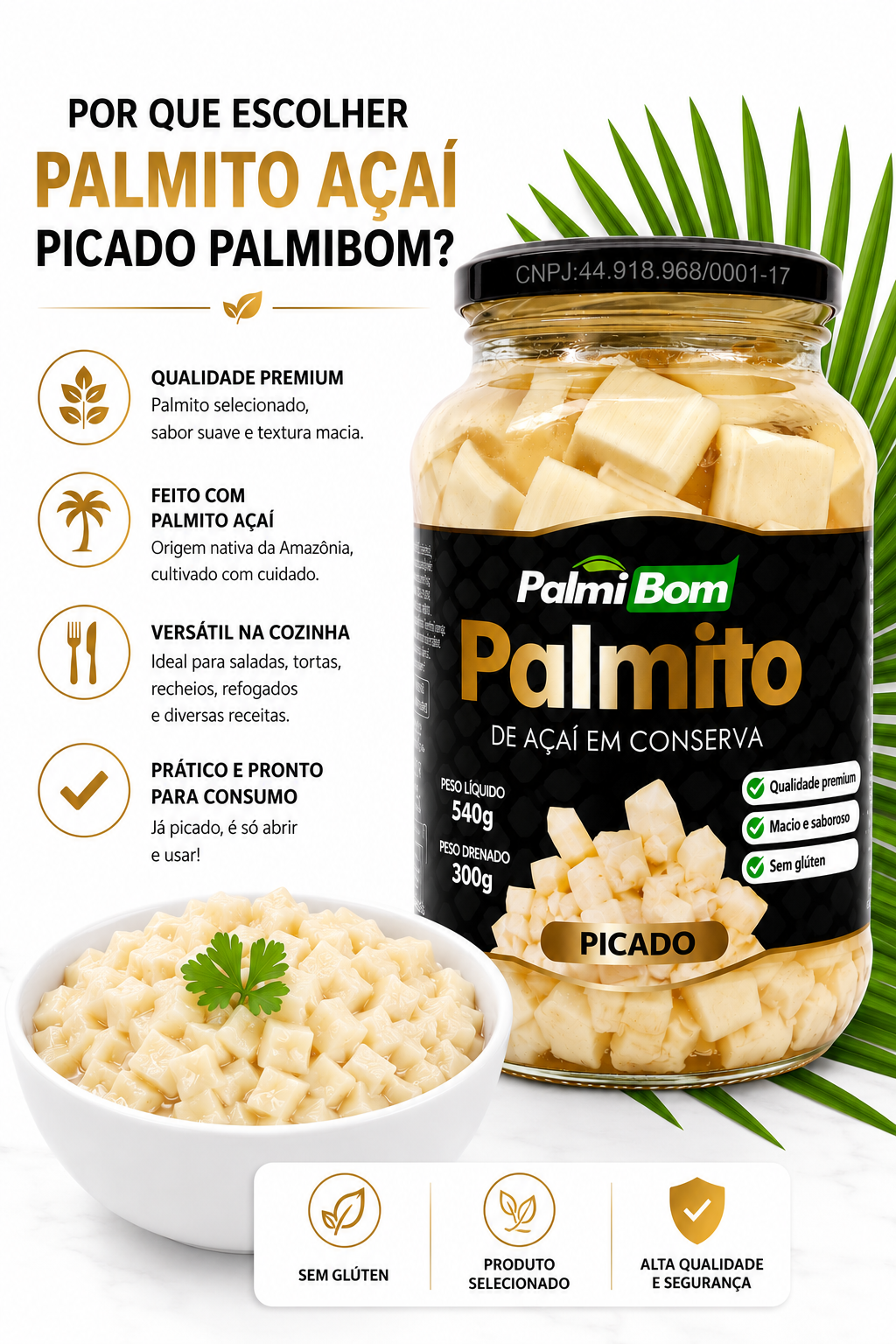 Kit 3 Palmito Açaí Picado 540g - 300g Drenado - Imagem 4