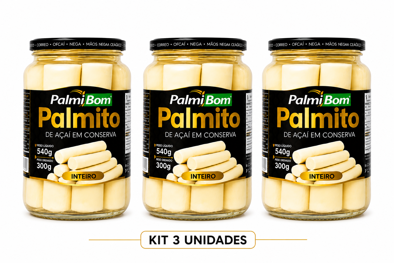 Kit 3 Palmito Açaí Inteiro 540g - 300g Drenado (Cada)