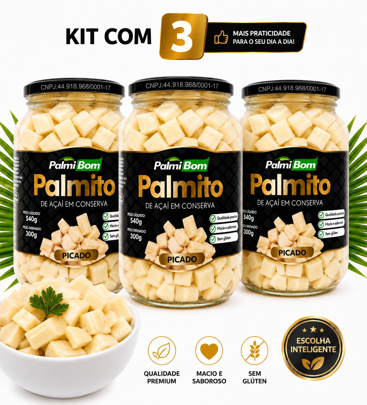 Kit 3 Palmito Açaí Picado 540g - 300g Drenado